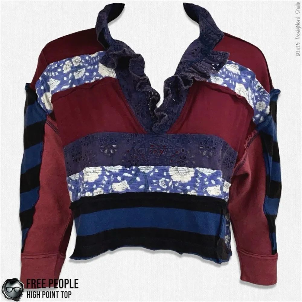 FREE PEOPLE HIGH POINT OVERSIZED BOHO PATCHWORK CROP TOP IN NIGHTTIME COMBO XS/S